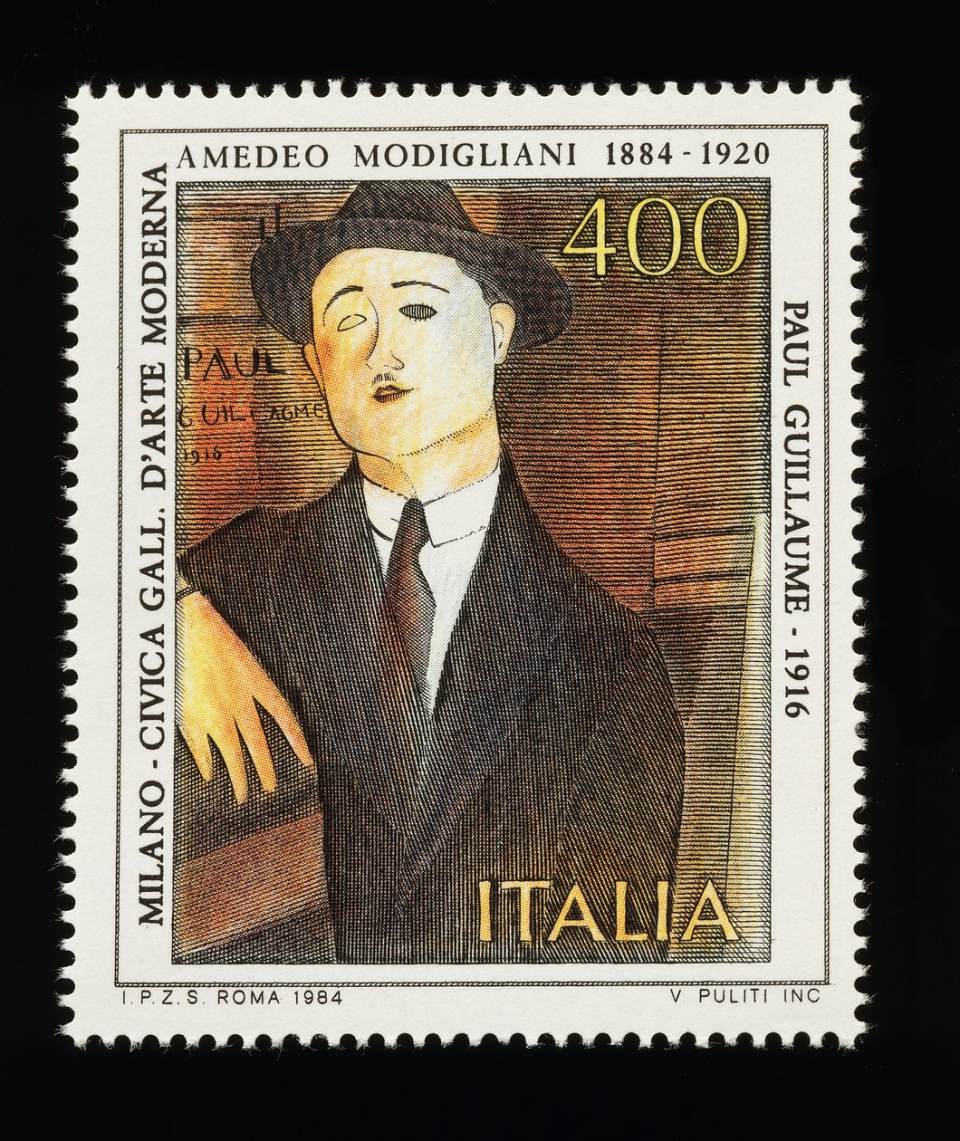 Frimærke fra italiensk kunstserie til ære for Amedeo Modigliani (1884-1920), forestillende Portræt af Paul Guillaume (1916), 400 lire frimærke af Amadeo (after) Modigliani