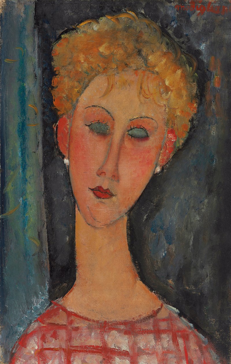 Blond kvinde med krøllet hår; Blondinen med øreringe, ca. 1918-1919 af Amedeo Modigliani