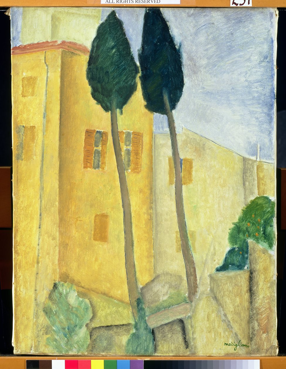 Cyprestræer og hus, 1919 af Amedeo Modigliani
