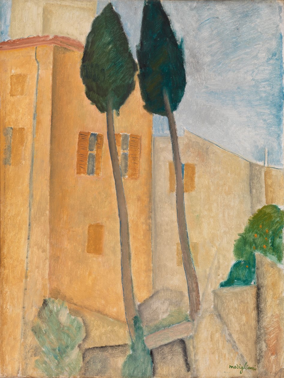 Cypresser og huse i Cagnes af Amedeo Modigliani