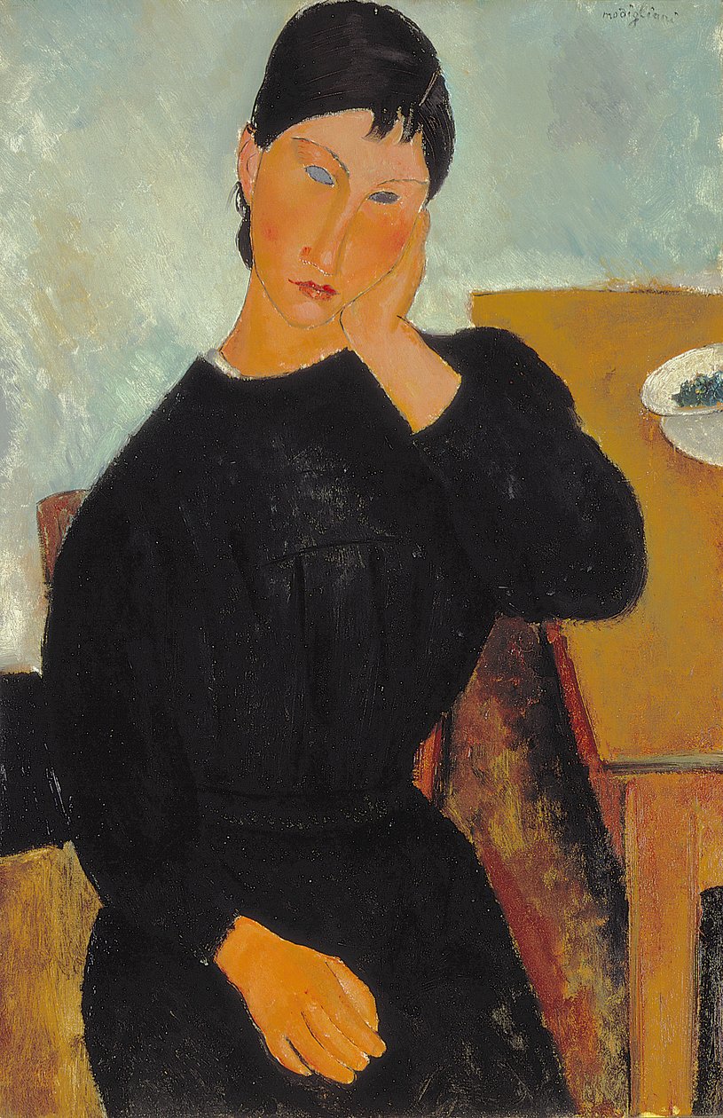 Elvira hviler sig ved et bord af Amedeo Modigliani
