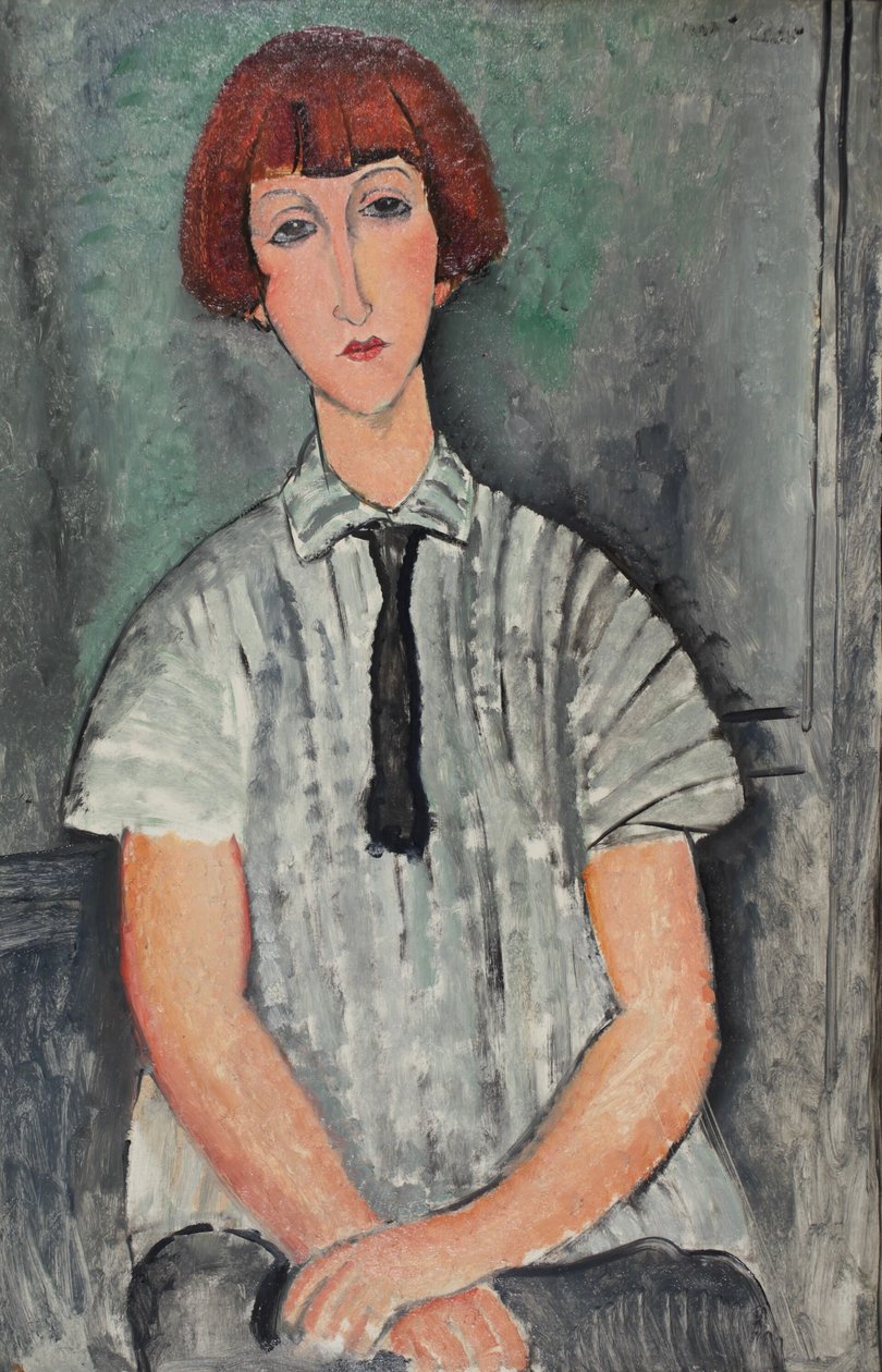 Fransk:  Jeune Fille au corsage rayé Ung pige med stribet bluse af Amedeo Modigliani