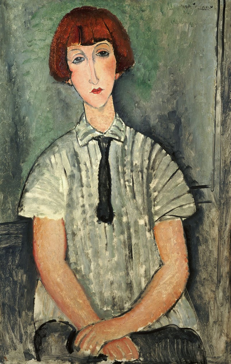 Fransk:  Jeune Fille au corsage rayé Ung pige med stribet bluse af Amedeo Modigliani
