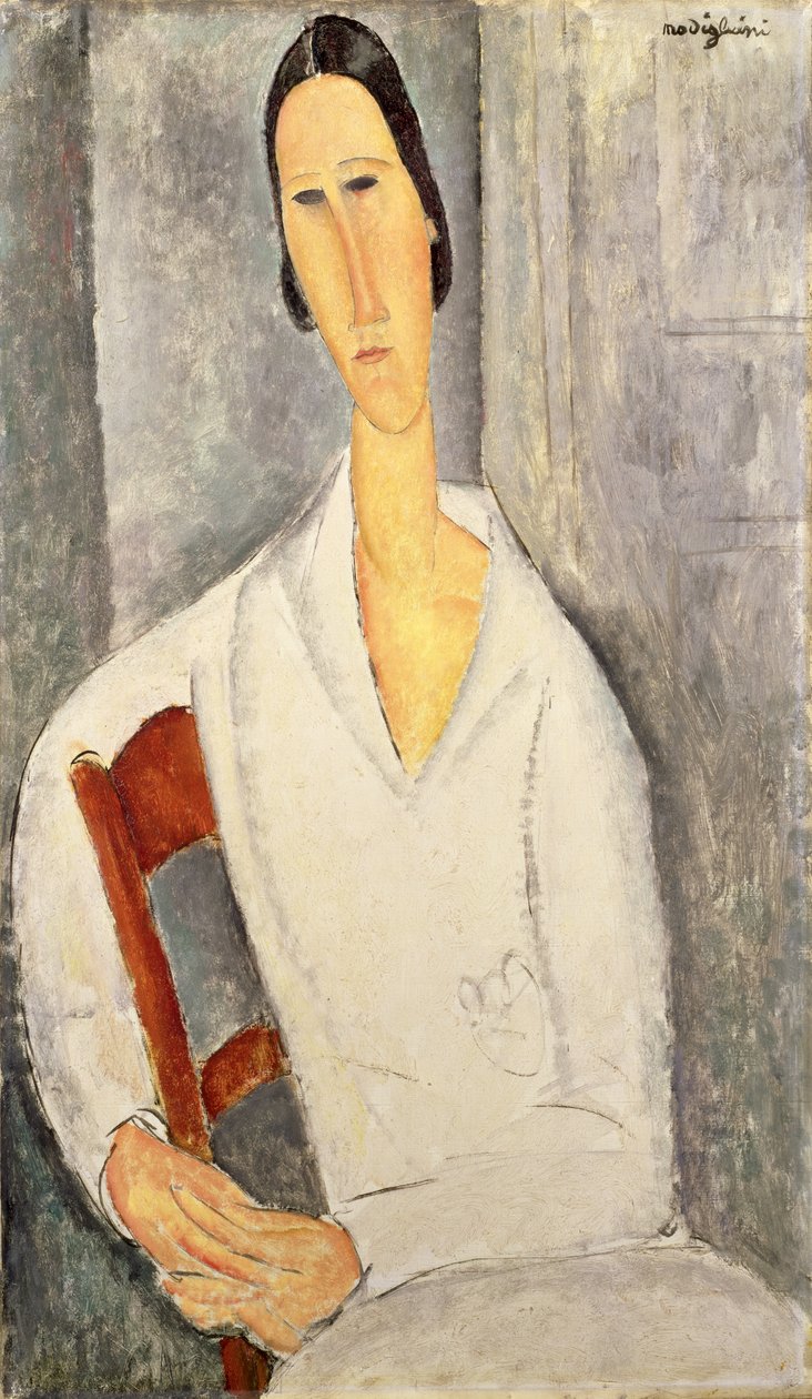 Madame Hanka Zborowska læner sig op ad en stol, 1919 (olie på lærred) af Amedeo Modigliani