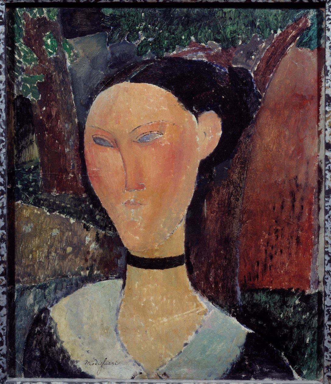 Portræt af kvinde med fløjlsbånd maleri af Amedeo Modigliani (1884-1920) 1915 søn. 0,54x0,45 m Paris, Musee de l