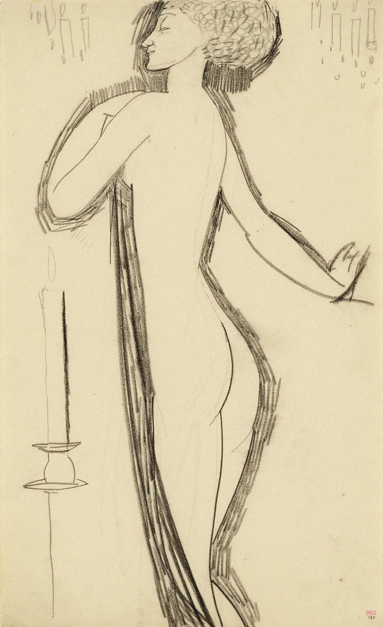 Stående kvinde nøgen i profil med tændt stearinlys, ca. 1911 af Amedeo Modigliani