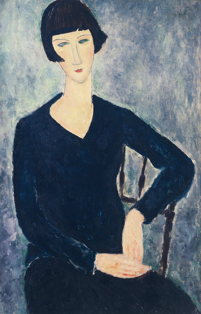 Ung kvinde med frynser eller ung siddende kvinde i blå kjole af Amedeo Modigliani