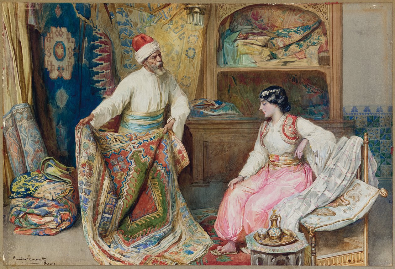 The Carpet Merchant (blyant, w/c & gouache på papir) af Amedeo Momo Simonetti