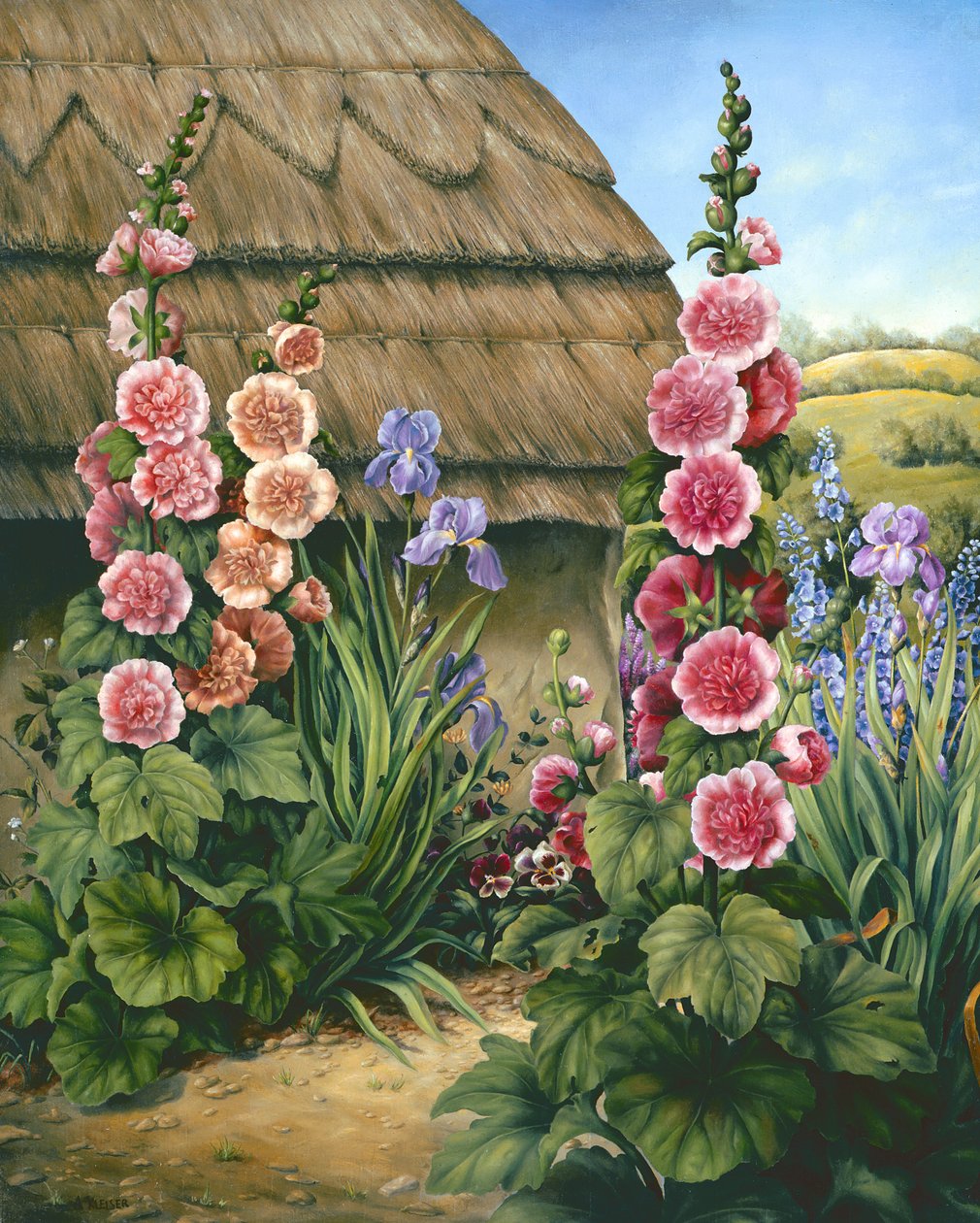 Cottage Garden med stokroser, 1995 af Amelia Kleiser