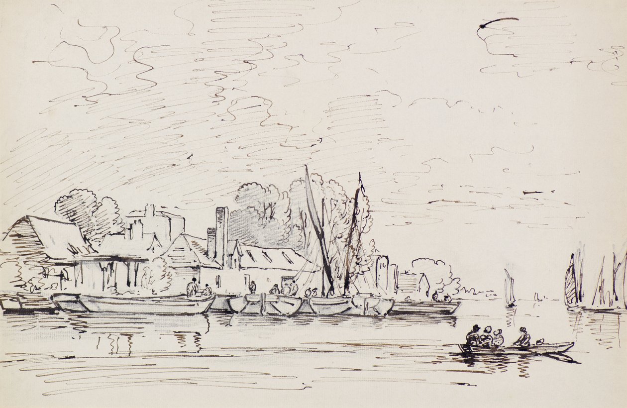 En flodscene med pramme, ca. 1803 (pen) af Amelia Long