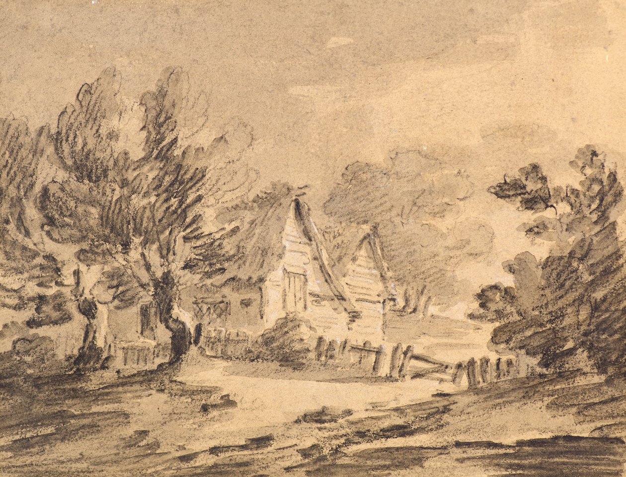 Sommerhus i et landskab, ca. 1805 (kridt, kul og vask) af Amelia Long