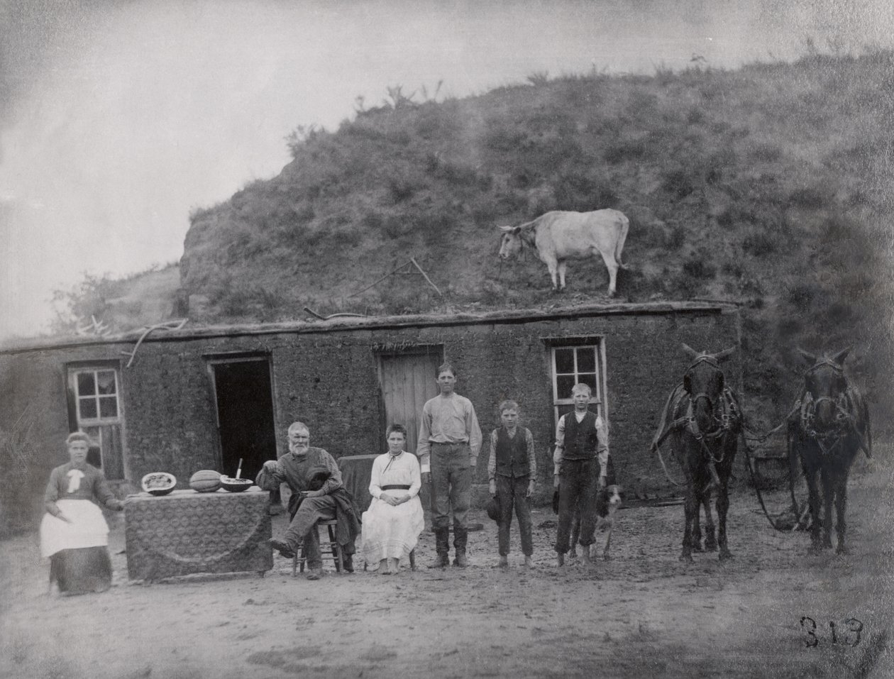 Amerikansk pionerfamilie foran deres hjem af American Photographer