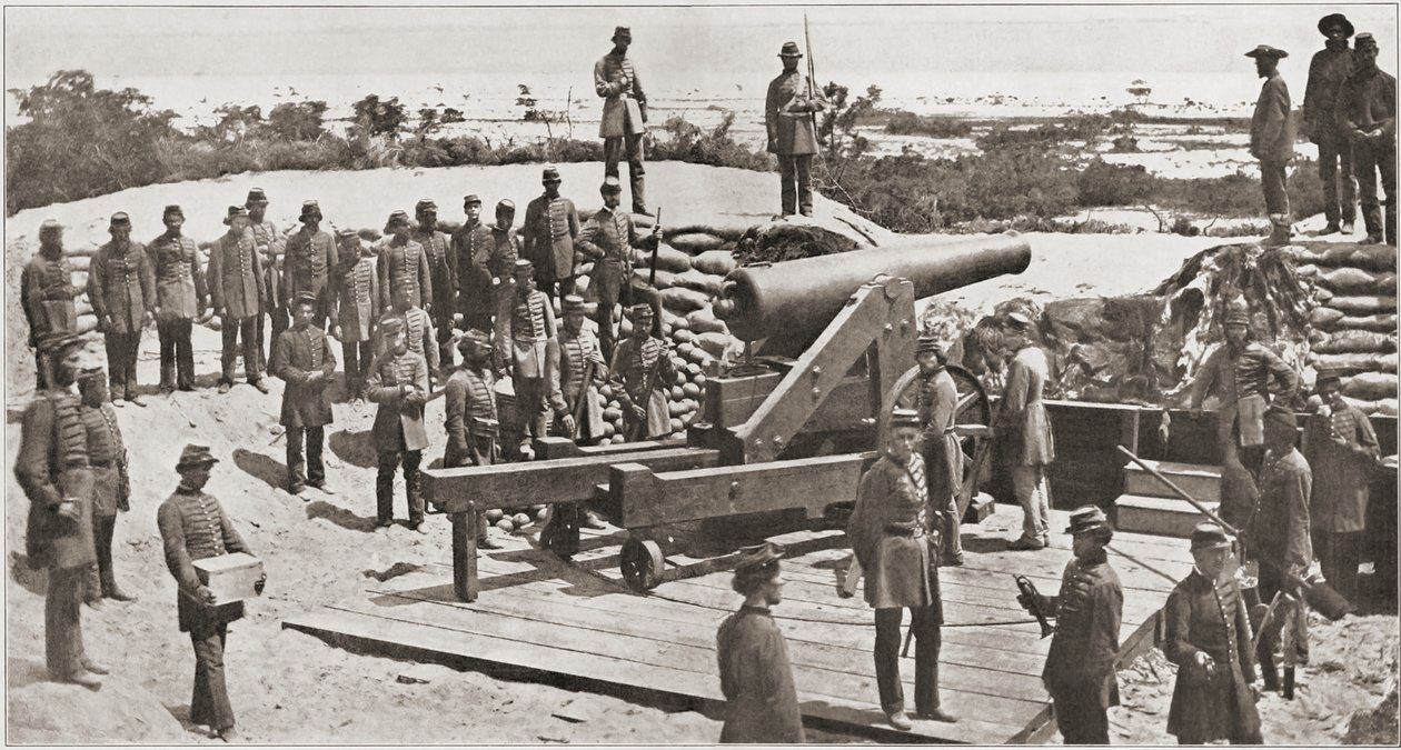 Konfødererede 32-punds kanon- og militsskytter med udsigt over indgangen til Pensacola Bay, Florida, før den amerikanske borgerkrig, marts 1861 af American Photographer