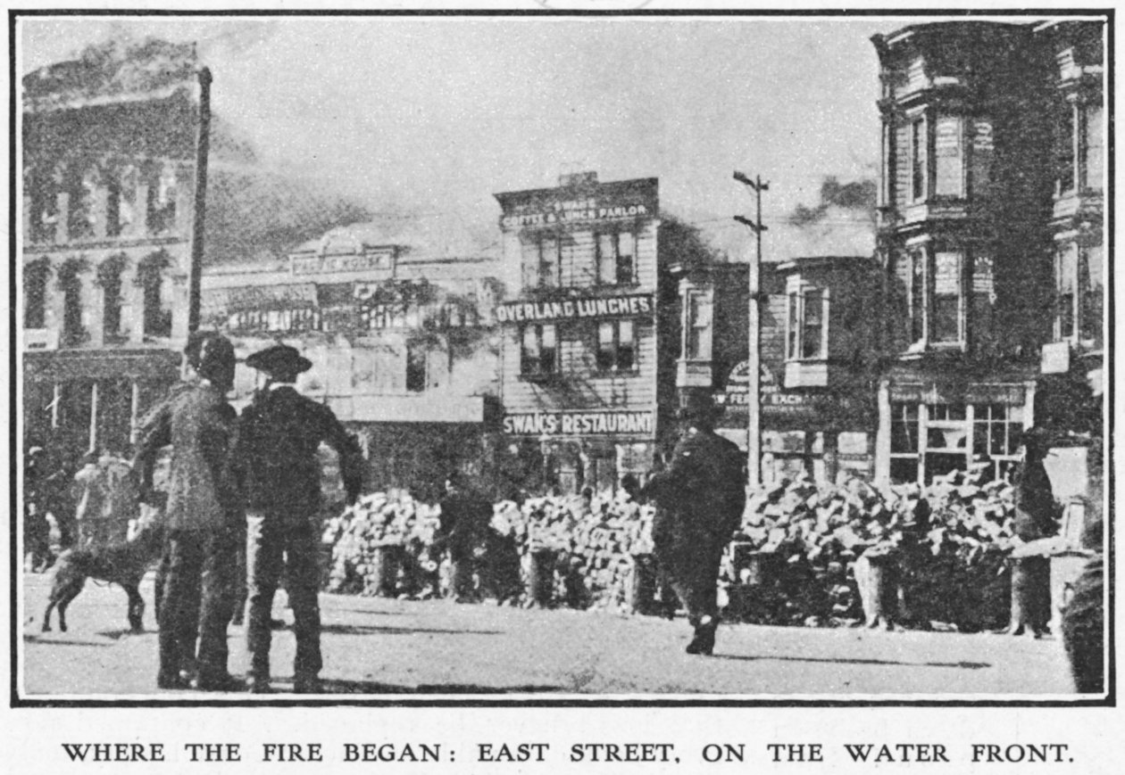 East Street, San Francisco, hvor branden begyndte under jordskælvet i 1906, 1906 (se også 223357) af American Photographer