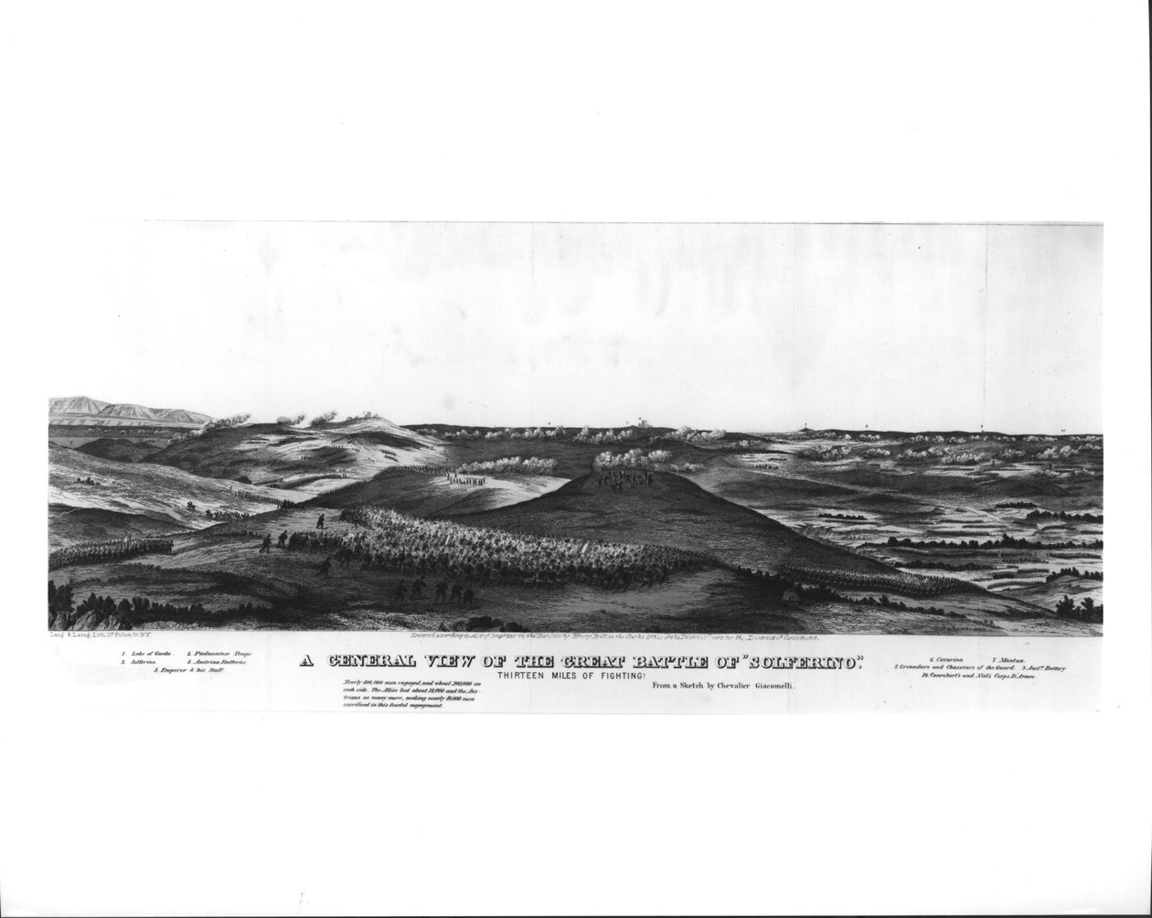 Et generelt billede af det store slag ved Solferino, 24. juni 1859, fra en skitse af Chevalier Giacomelli, pub. af Lang und Laing, c.1859 af American School