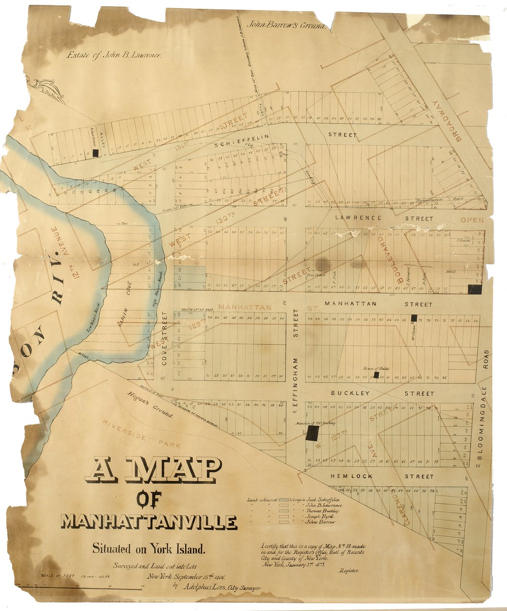 Et kort over Manhattanville beliggende på York Island, opmålt og udlagt i partier af Adolphus Loss, 1806 (Pen-og-blæk (sort og farve), akvarel på papir; monteret på stof) af American School