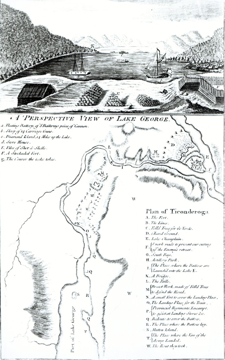 En perspektivisk udsigt over Lake George og en plan for Ticonderoga af American School