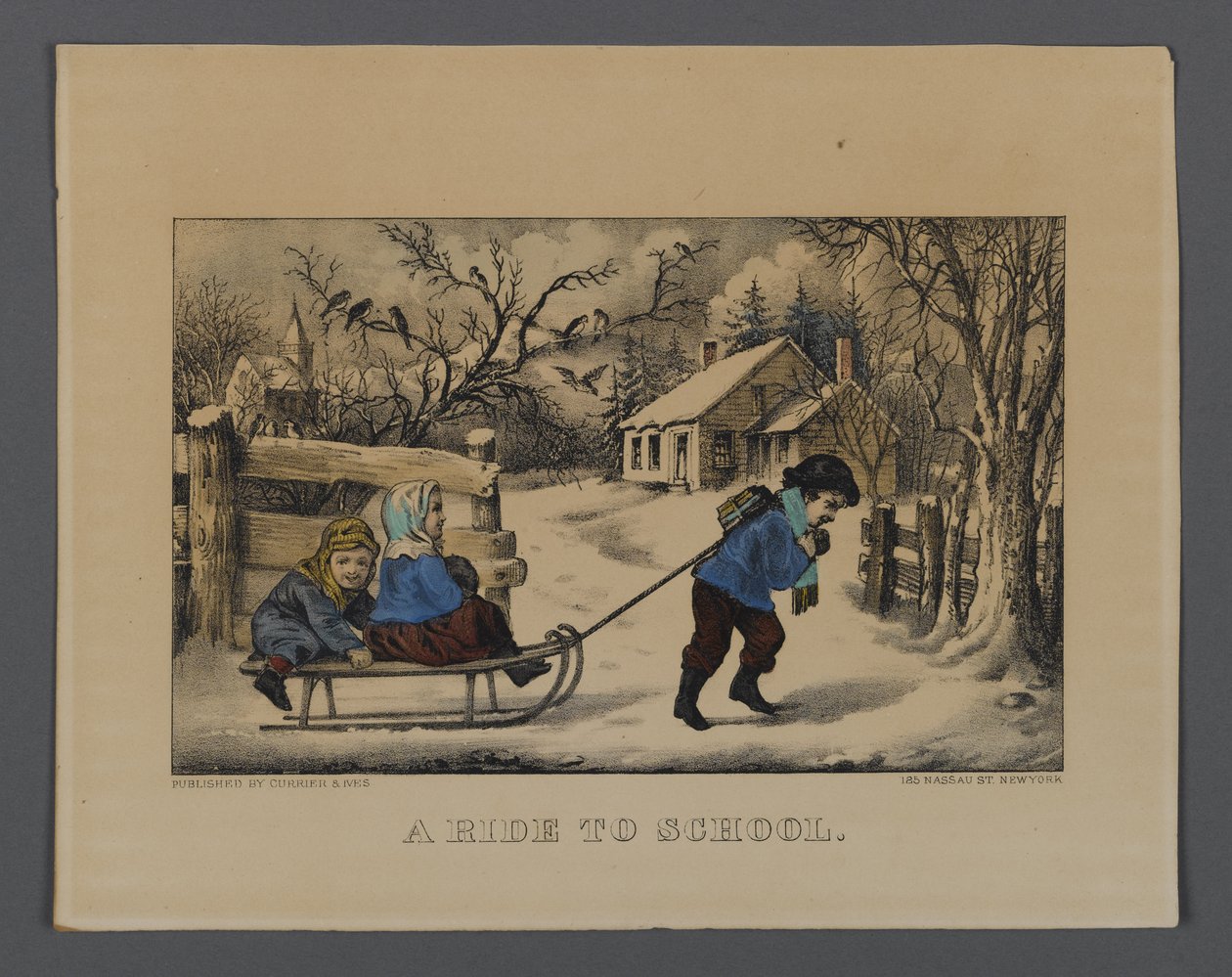 A Ride to School, udgivet af Currier & Ives, New York (håndfarvet litho) af American School
