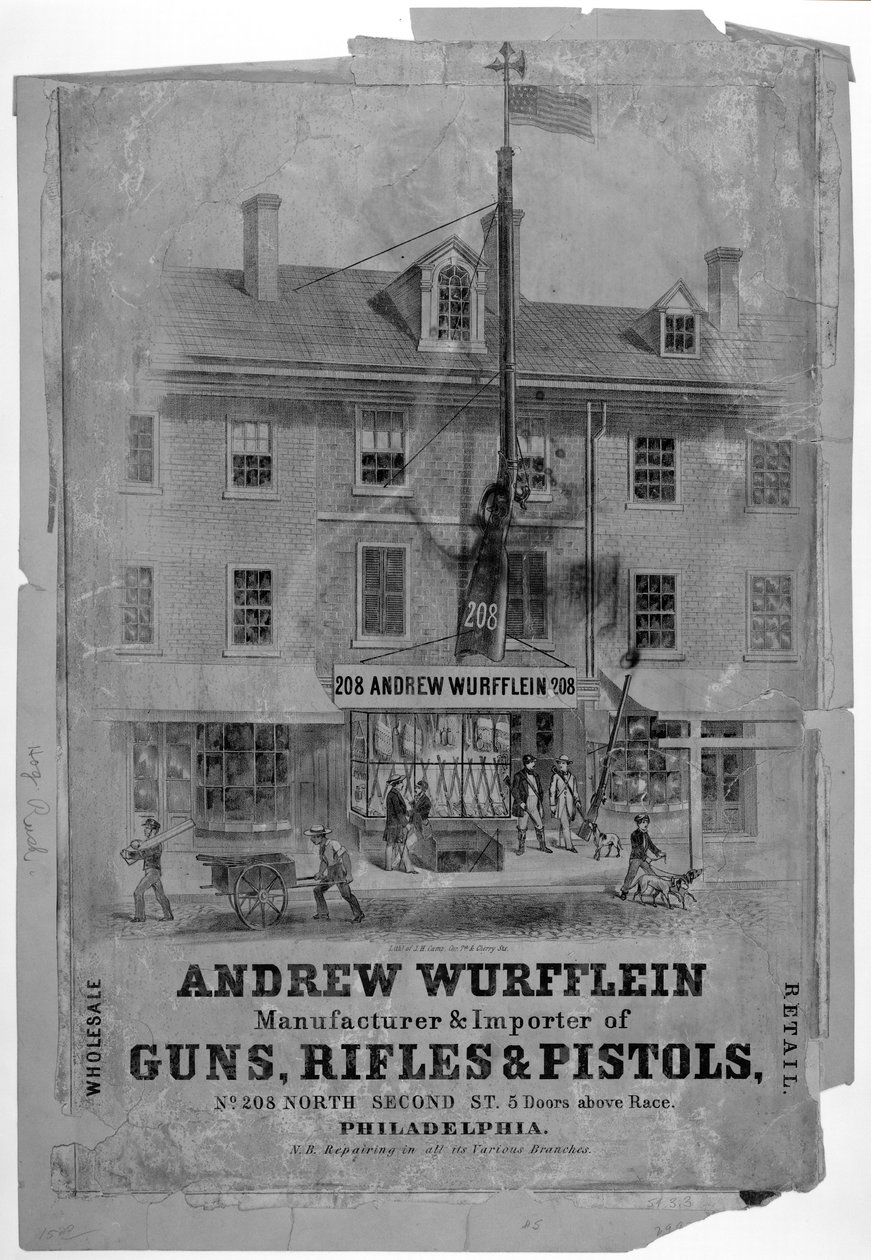 Reklame, Andrew Wurfflin. Gun Maker, Philadelphia, ca. 1850 af American School
