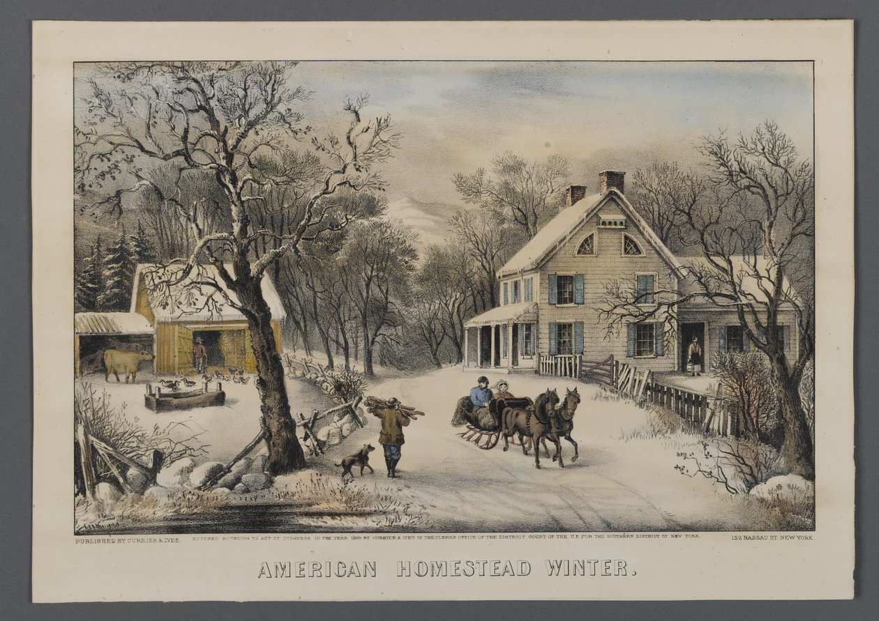 American Homestead in Winter, udgivet af Currier & Ives, New York, 1868-69 (håndfarvet litho) af American School