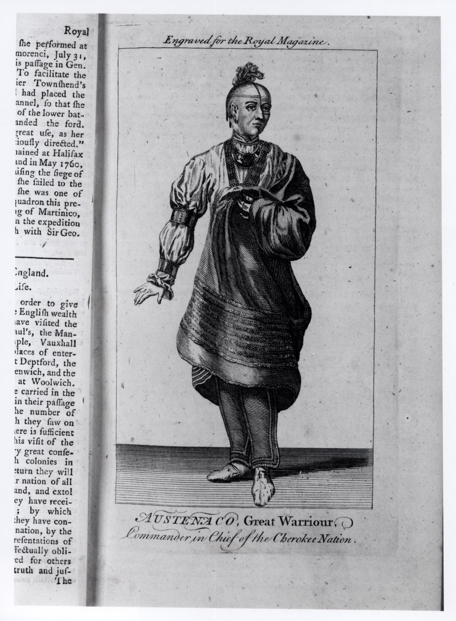 Austenaco, den store kriger, øverstkommanderende for Cherokee-nationen, illustration fra "The Royal Magazine", juli 1762 af American School