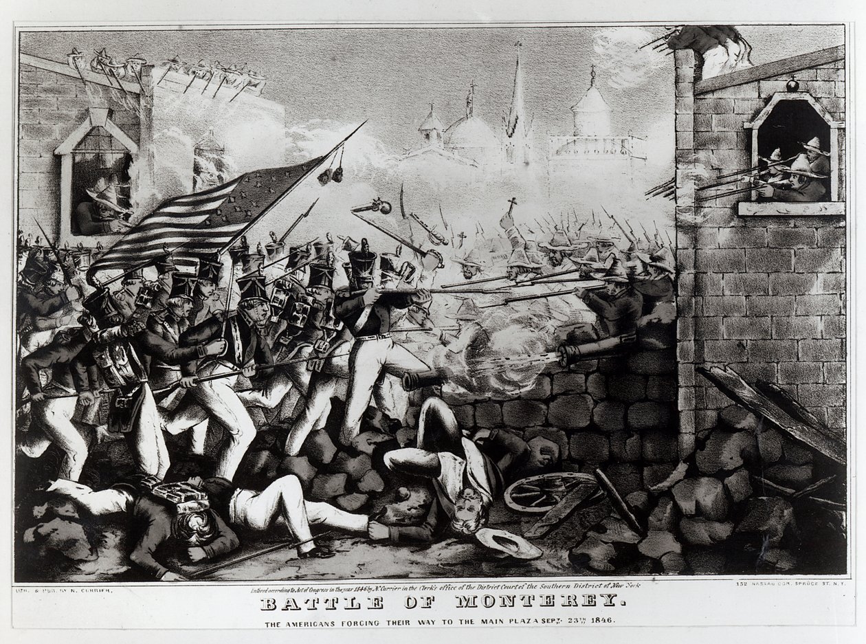 Slaget ved Monterey: The Americans Forcing their Way to the Main Plaza, 23. september 1846, indgraveret og udgivet af Nathanial Currier (1813-88), 1846 af American School