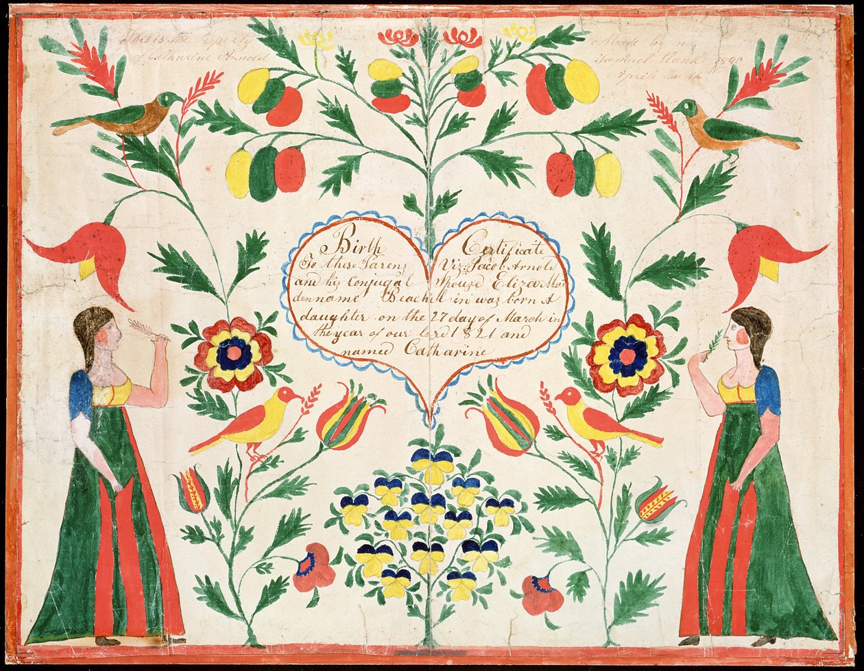 Fødselsattest, 1821 (pen & blæk og wc på papir) af American School