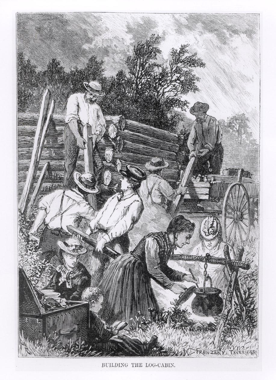 Bygning af bjælkehytten, graveret af Charles Maurand af American School