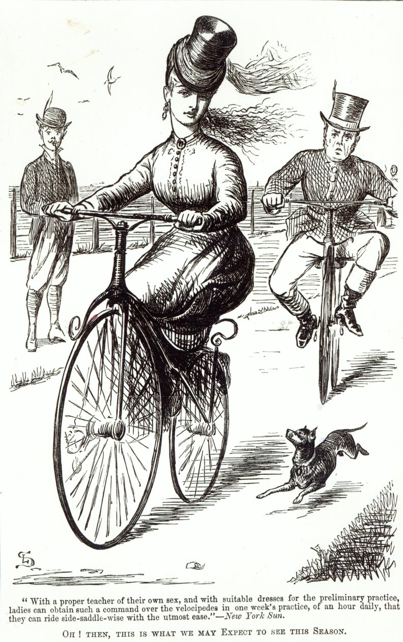 Tegneserie af en dame på en velocipede, 1869 af American School