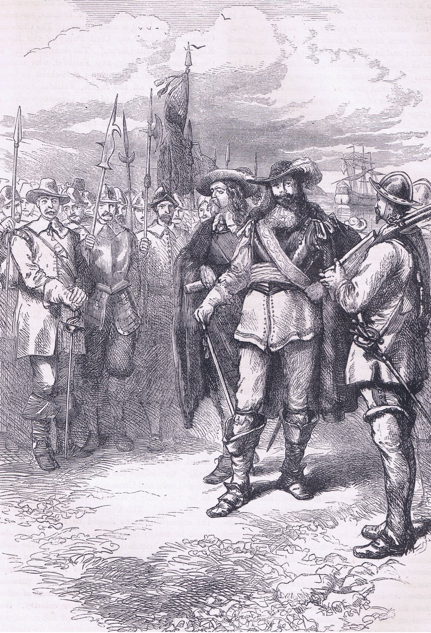 Kommissærer lander i Boston 1665, illustration fra Cassells History of the United States pub. af Petter & Galpin c.1890 af American School