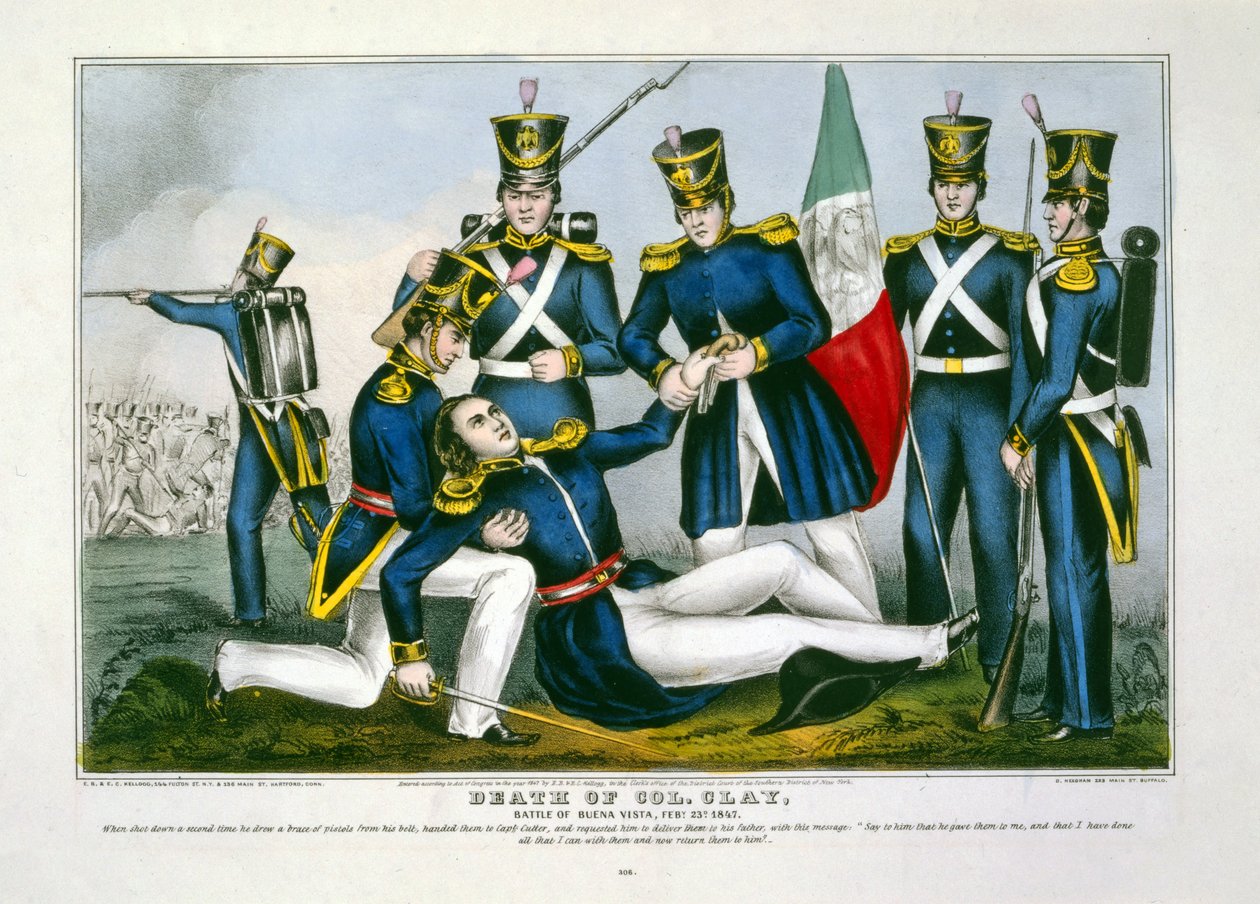 Oberst Clays død, Slaget ved Buena Vista, Feby. 23d, 1847, pub. 1847 (håndfarvet gravering) af American School
