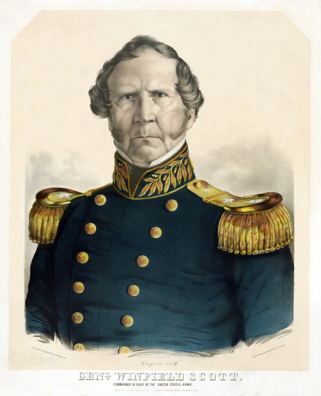 General Winfield Scott, øverstbefalende for den amerikanske hær, pub. 1847 (håndfarvet litho) af American School