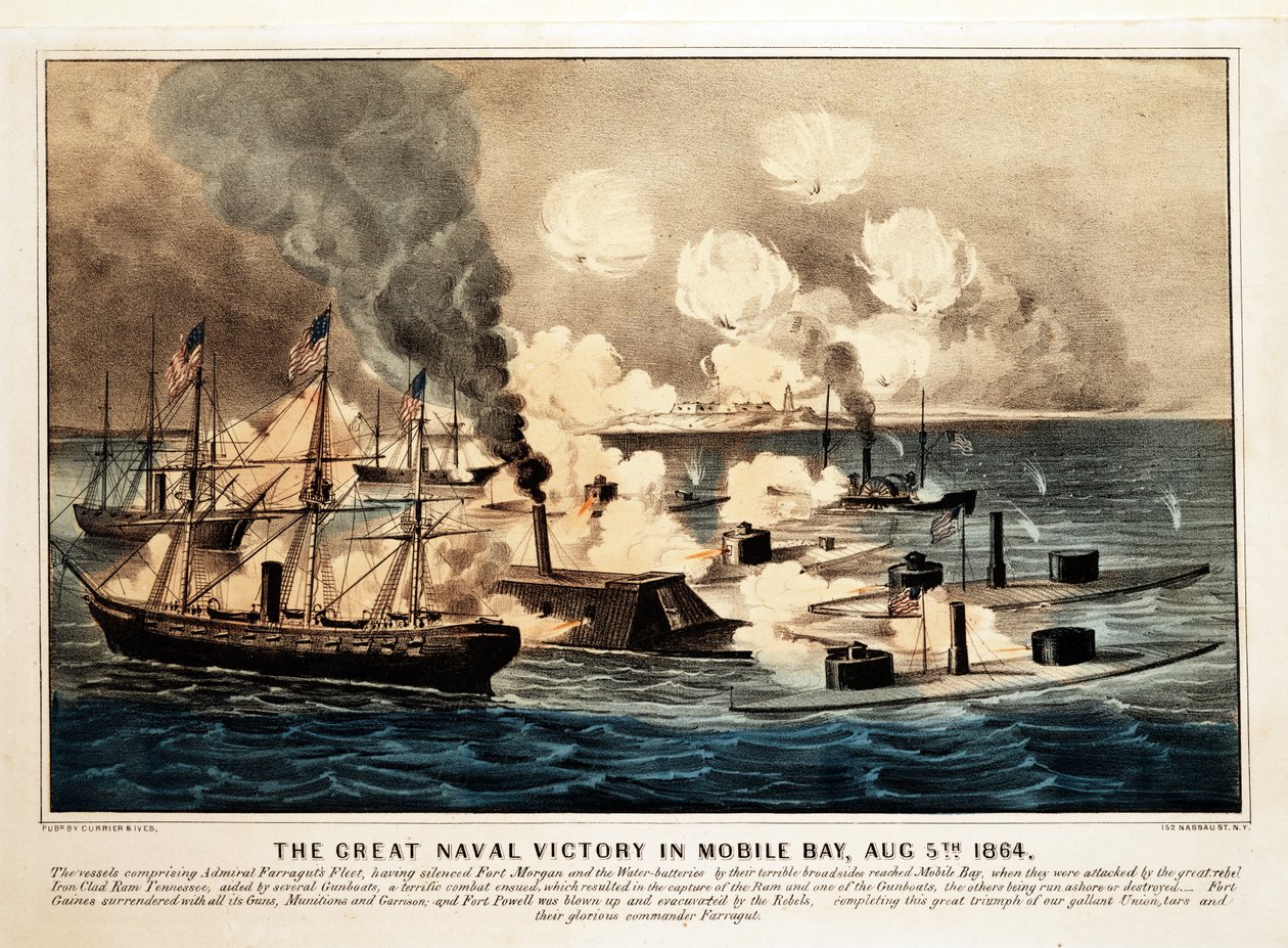 Great Naval Victory i Mobile Bay, 5. august 1864, pub. 1864, Currier & Ives, (farvelitografi) af American School