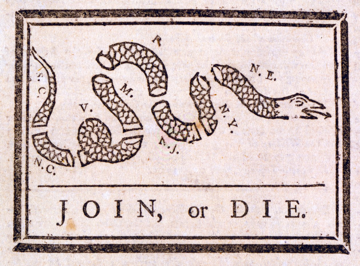 Join or Die, formaning af Benjamin Franklin, 1754 af American School