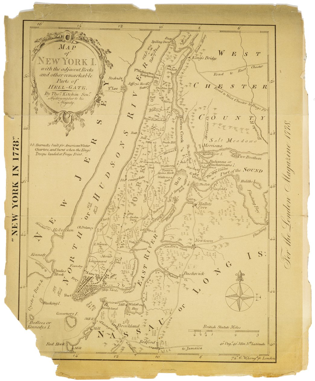 Kort over New York Island med de tilstødende klipper og andre bemærkelsesværdige dele af Hell-Gate., 1778 (sort blæk på papir) af American School