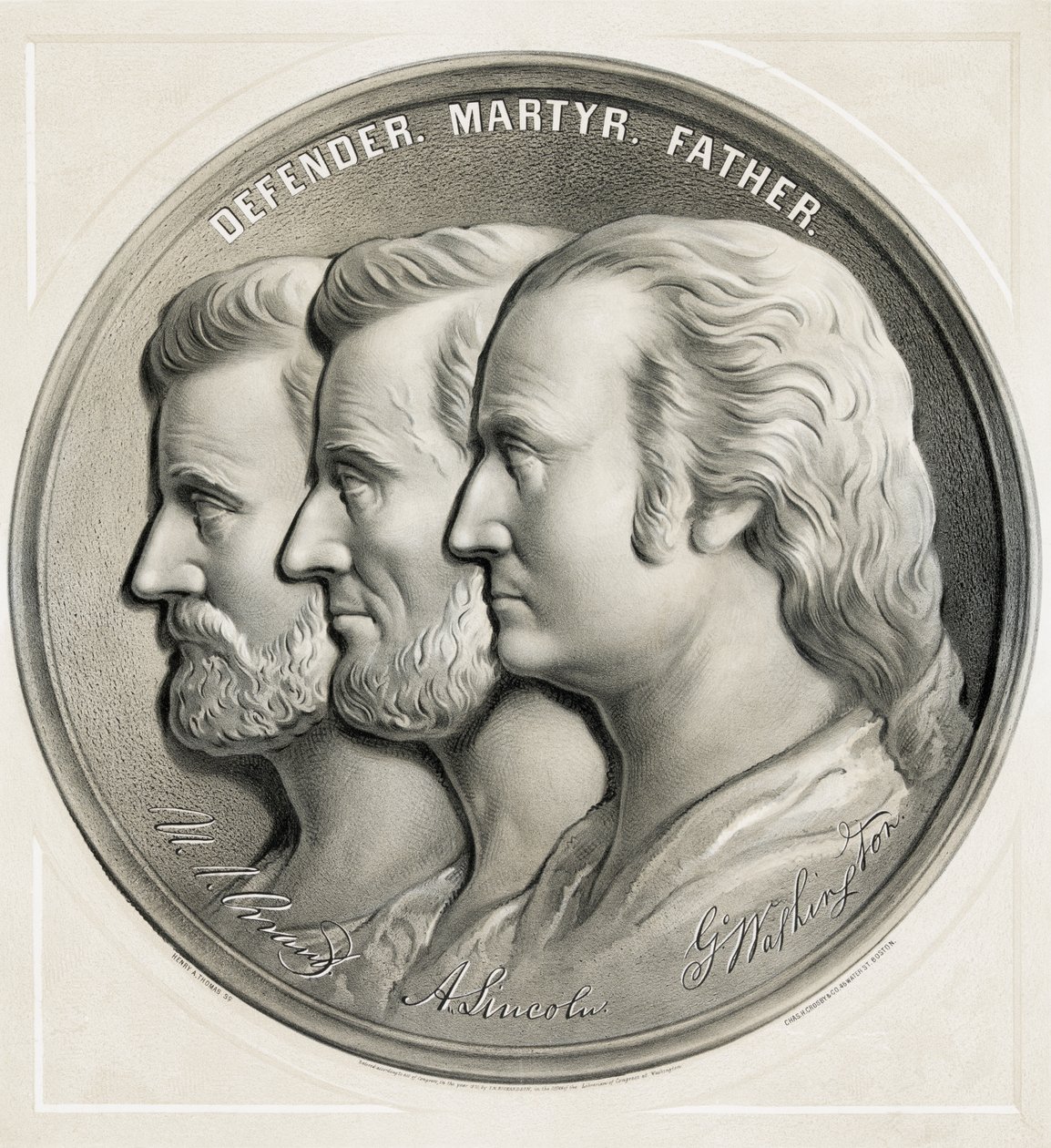 Medaljon, der viser Ulysses S. Grant, Abraham Lincoln og George Washington som forsvarer, martyr og far, 1870 af American School