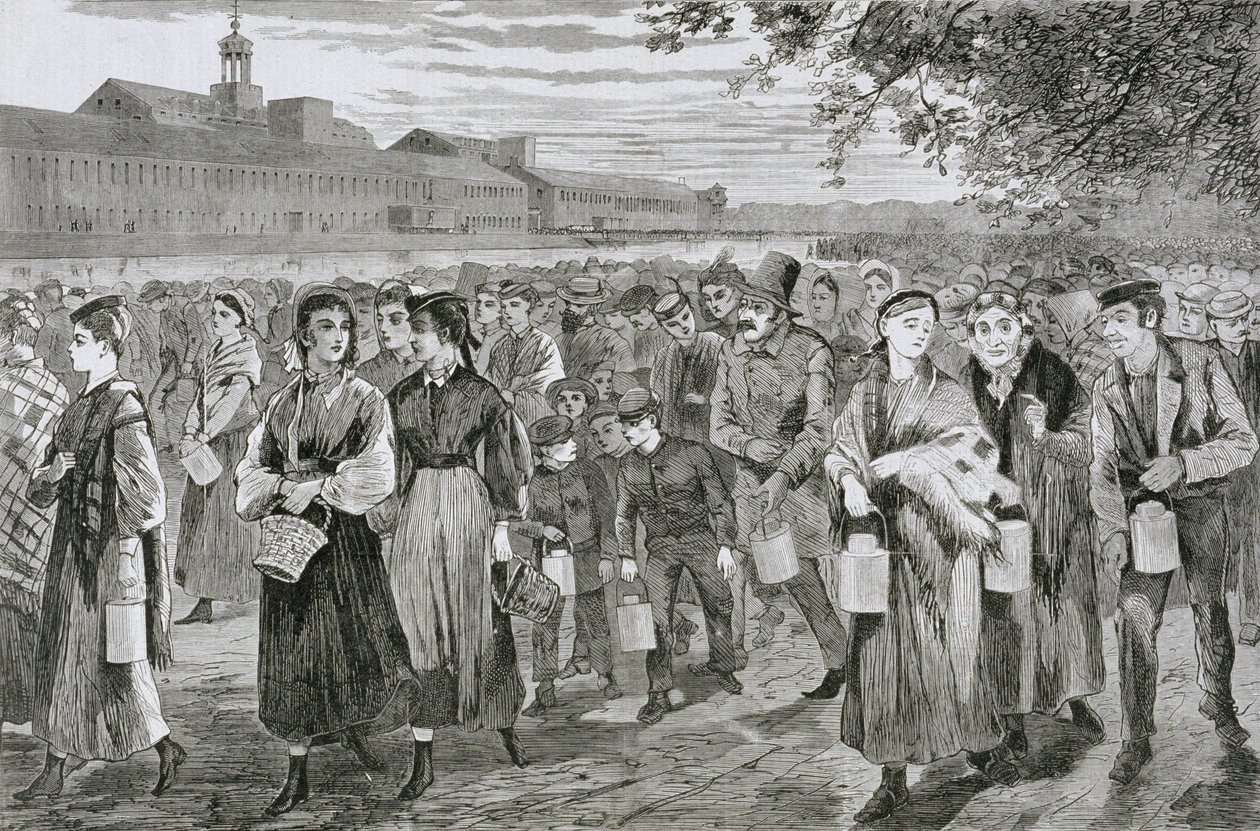 Mænd og kvinder forlader møllen efter arbejde med frokostspande, 1868 af American School