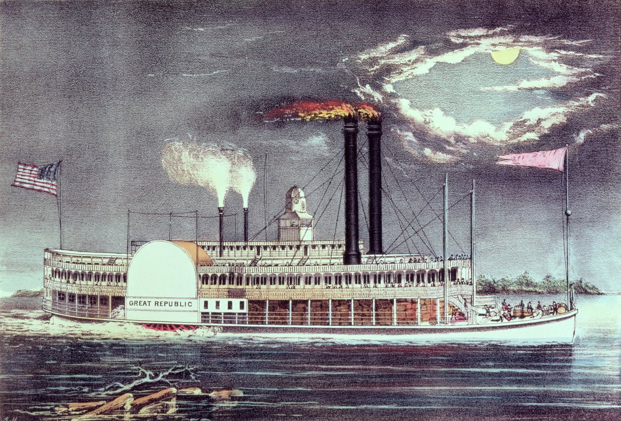 Moonlight on the Mississippi, udgivet af Nathaniel Currier (1813-88) og James Merritt Ives (1824-95) af American School