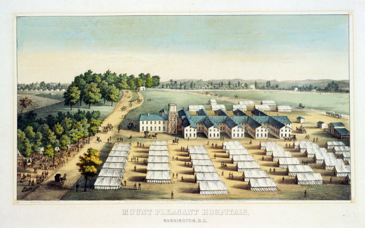 Mount Pleasant Hospitals, Washington, D.C., pub. 1862 (farvelitografi) af American School
