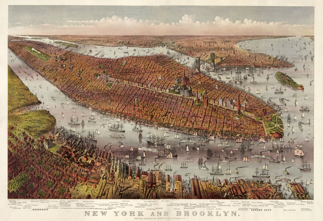 New York og Brooklyn, pub. 1875 (farvelitografi) af American School