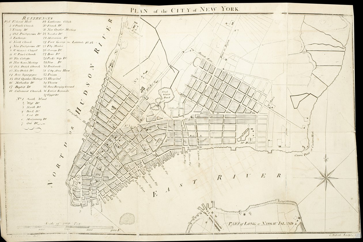 Plan over byen New York, indgraveret af Tiebout, 1789 (gravering, blæk på papir) af American School