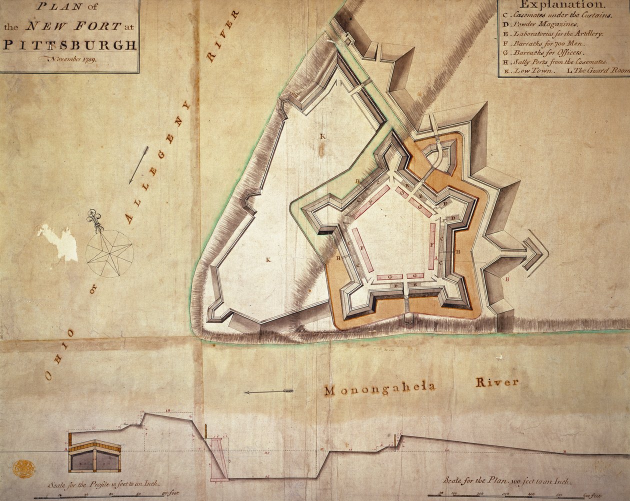 Plan over det nye fort i Pittsburgh, november 1759 (håndfarvet gravering) af American School