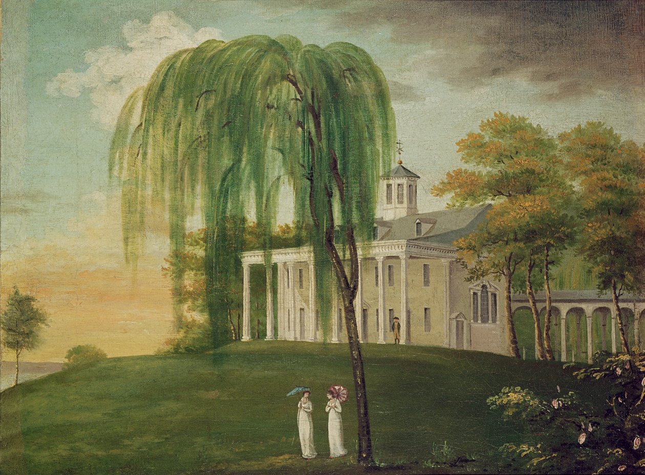 Præsident George Washington (1732-99) på verandaen til sit hus ved Mount Vernon af American School