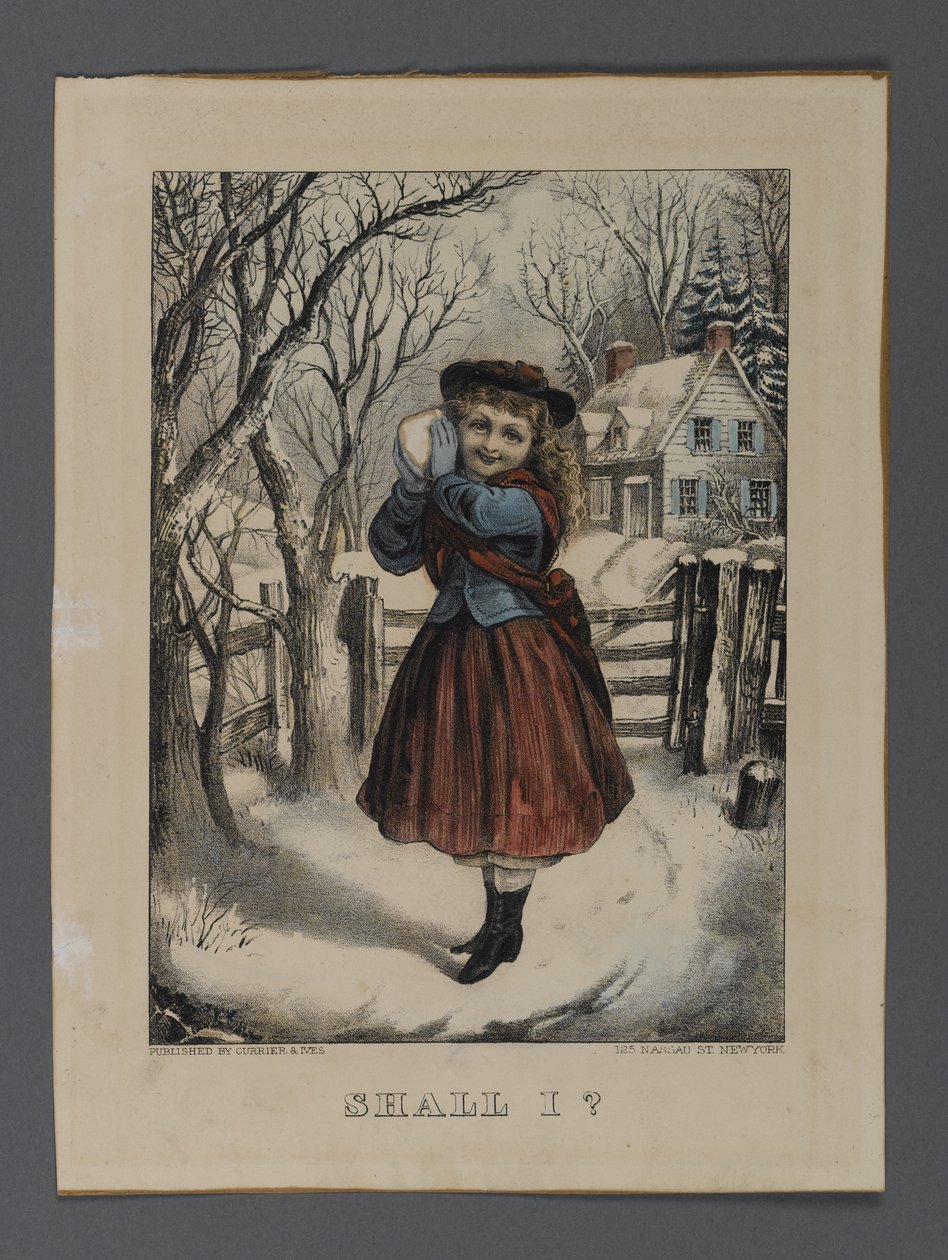 Skal jeg?, udgivet af Currier & Ives, New York (håndkoloreret litho) af American School