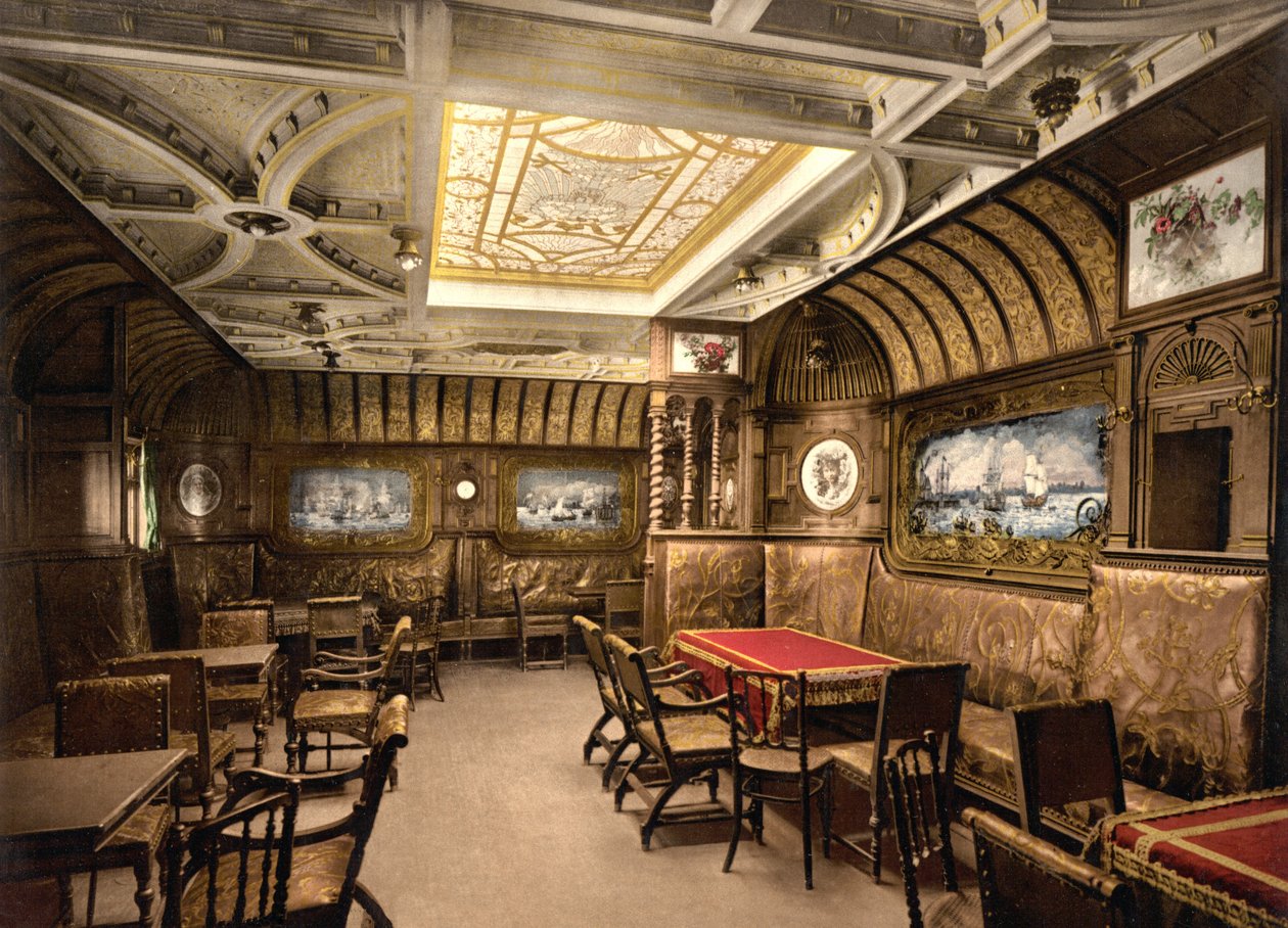 Rygesalon på Kaiser Wilhelm der Grosse, pub. C. 1897 (farvelitografi) af American School