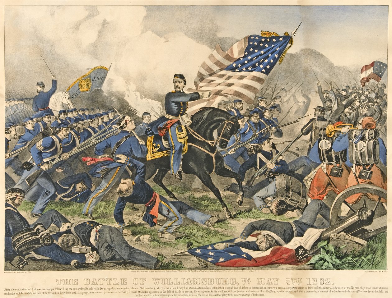 Slaget ved Williamsburg, VA, 5. maj 1852, pub 1862 (håndfarvet gravering) af American School