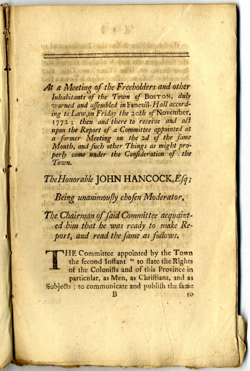 "Boston Pamphlet": Stemmerne og procedurerne for selvejere og andre indbyggere i byen Boston, i Town Meeting Assembled, 1772 af American School