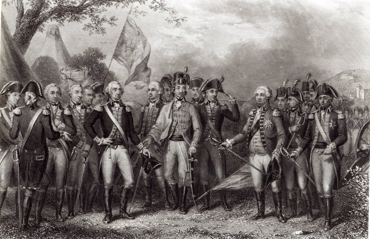 Briterne overgiver deres våben til general Washington, 19. oktober 1781, graveret af J. Stephenson af American School