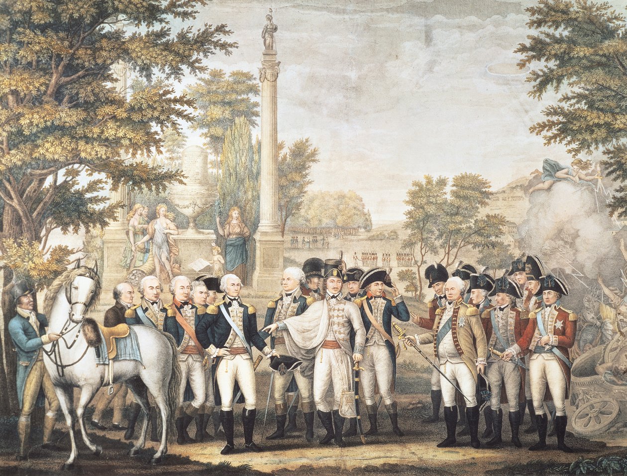 Briterne overgiver sig til general Washington efter deres nederlag i Yorktown, Virginia, oktober 1781 af American School
