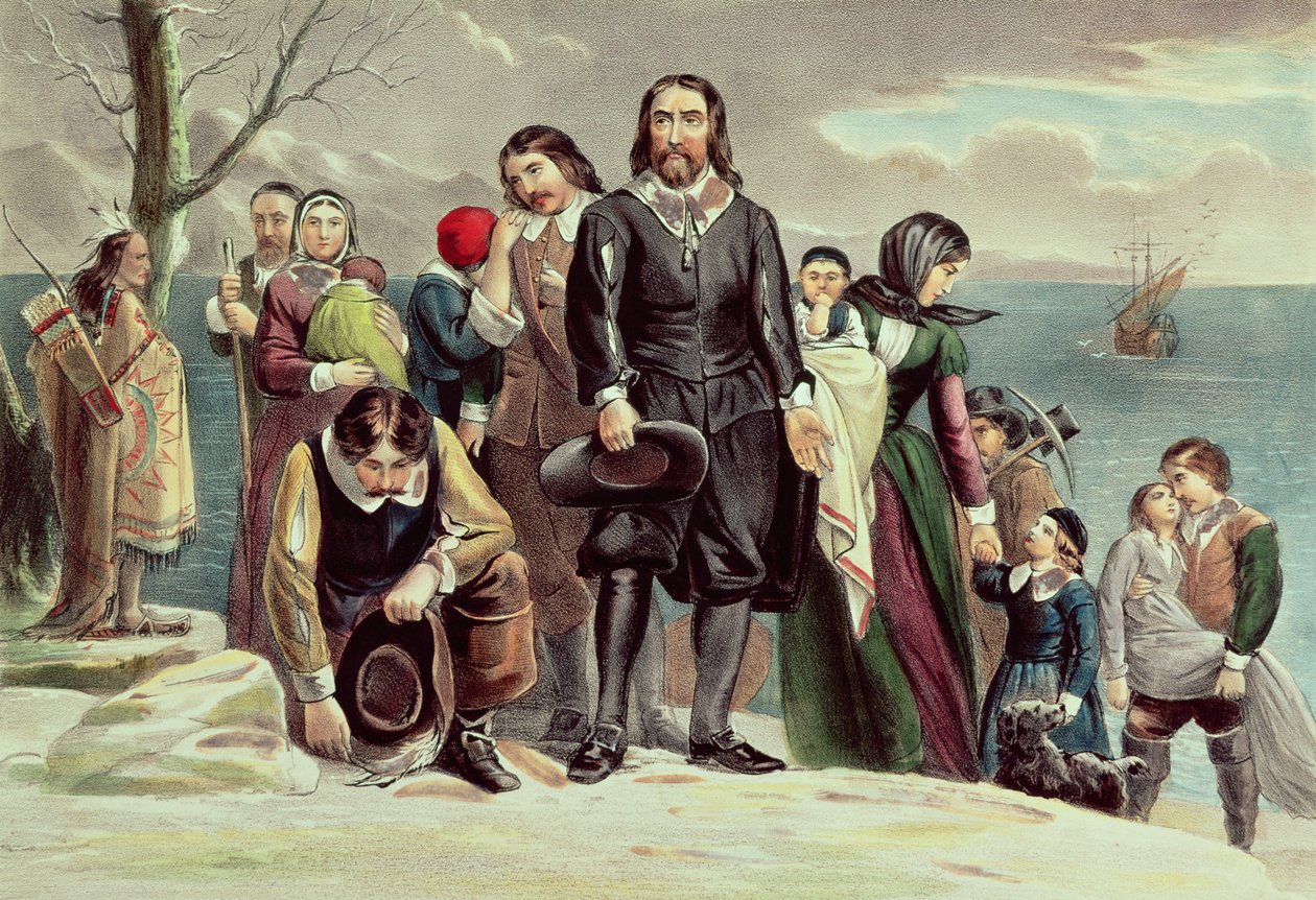 The Landing of the Pilgrims at Plymouth, Massachusetts, 22. december 1620 udgivet af Currier und Ives (se også 97927) af American School